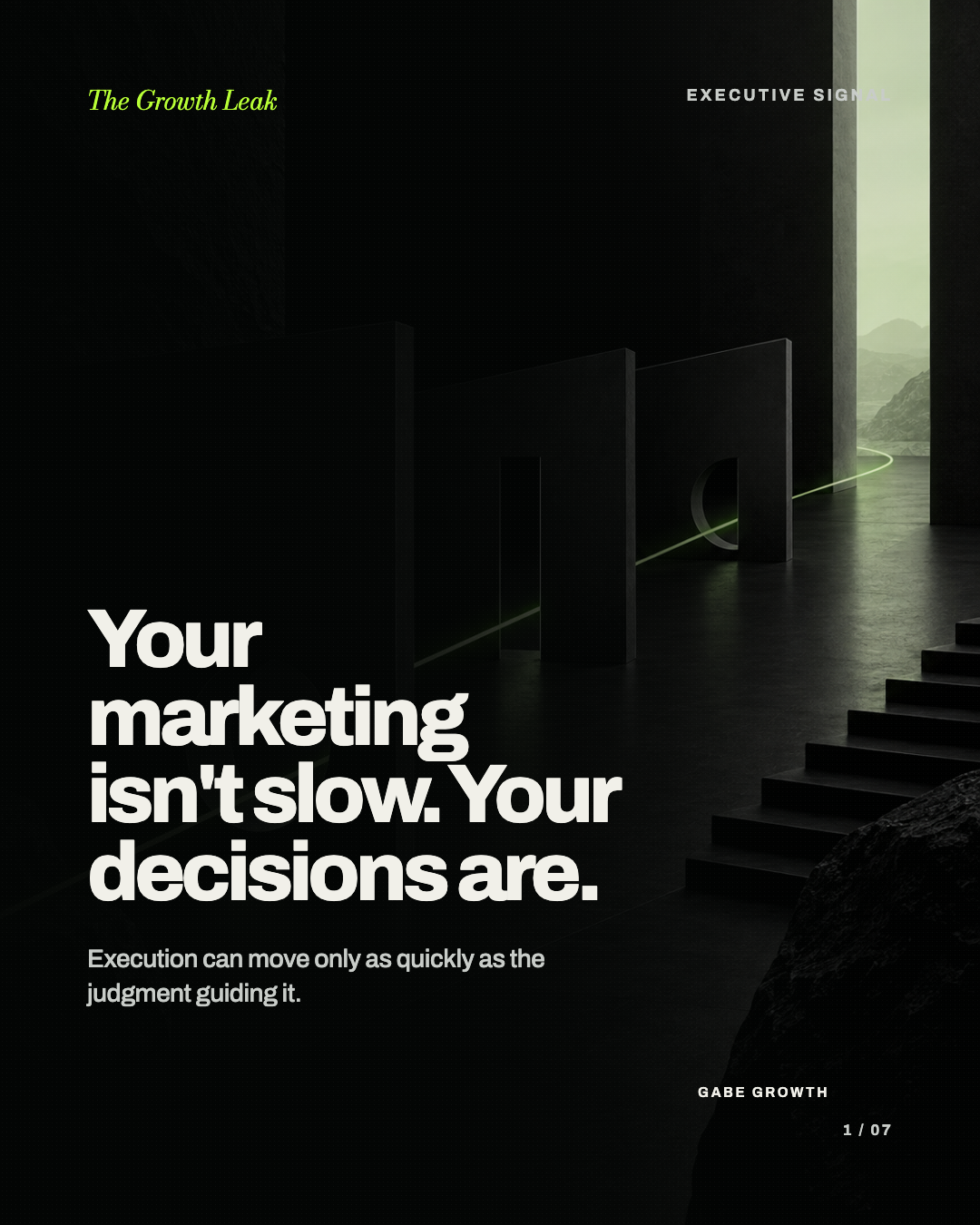 Gabe Growth carousel cover about marketing speed being limited by decision speed